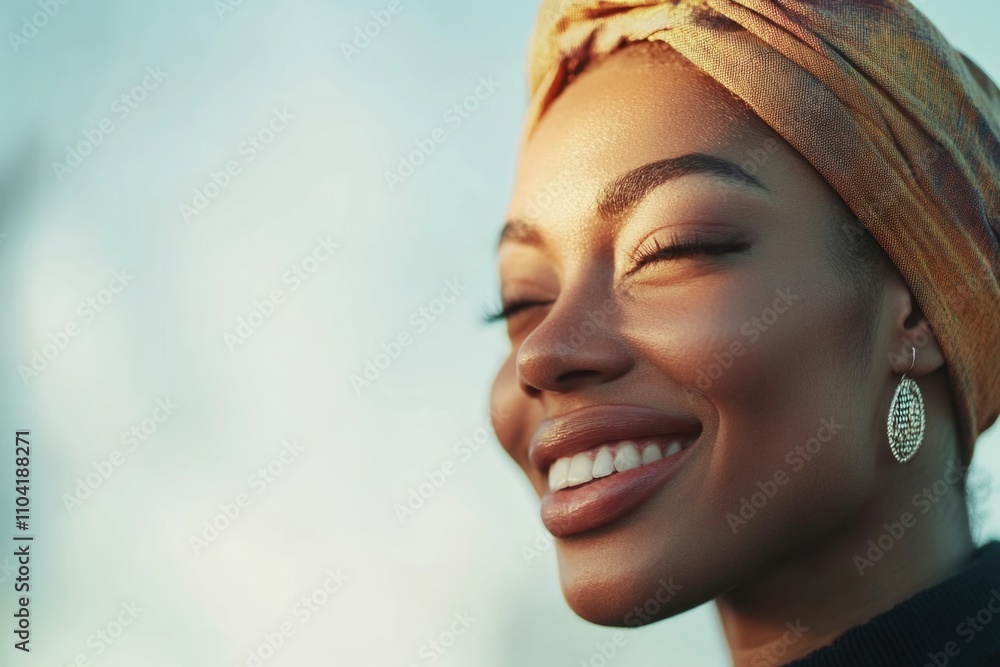 Joyful african female adult smiling in warm sunlight Joyful african female adult smiling in warm sunlight