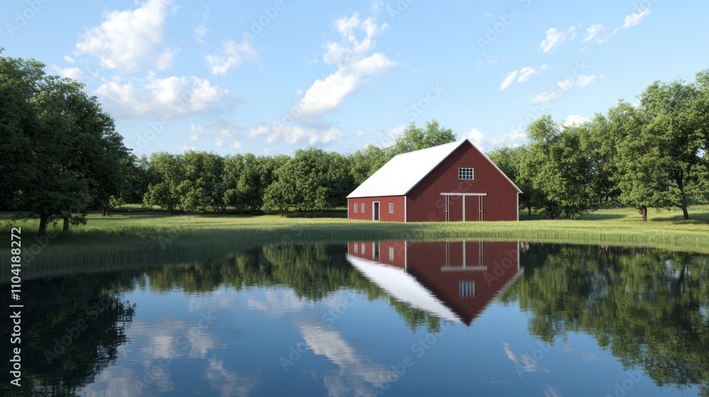 Obraz premium Tranquil Reflection of Photorealistic Red Barn with White Roof in Still Pond - Ultra-Detailed Countryside Scene