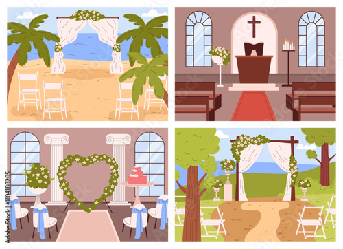 Wedding venue vector illustrations set, floral archway on the nature, chapel for marriage ceremony background collection