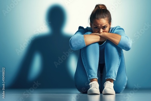 Young caucasian female in blue jeans sitting with sad expression and shadow