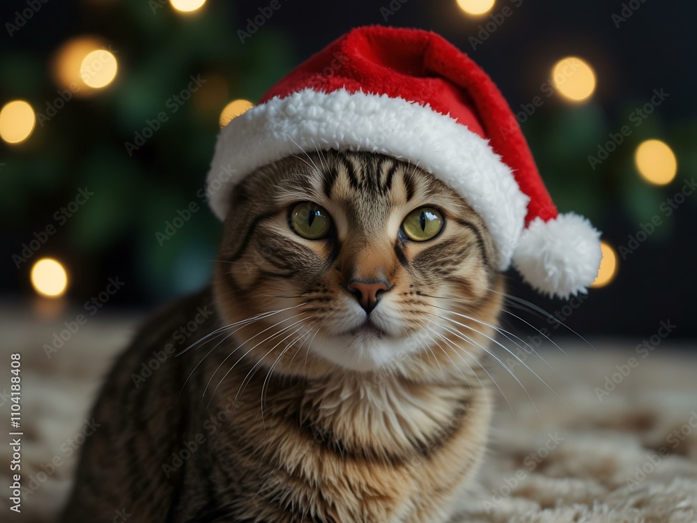An adorable cat in a vibrant Christmas outfit, wearing a festive hat. An adorable cat in a vibrant Christmas outfit, wearing a festive hat.