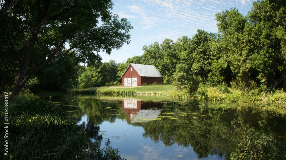 Reflection of Red Barn with White Roof in Clear Pond - Ultra-Detailed Photorealistic View Reflection of Red Barn with White Roof in Clear Pond - Ultra-Detailed Photorealistic View