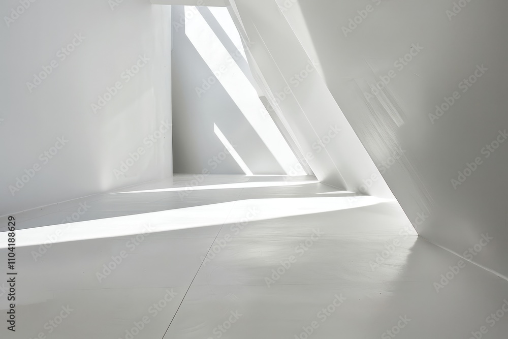 Fototapeta premium A minimalist, bright interior space with angular walls and natural light streaming through.