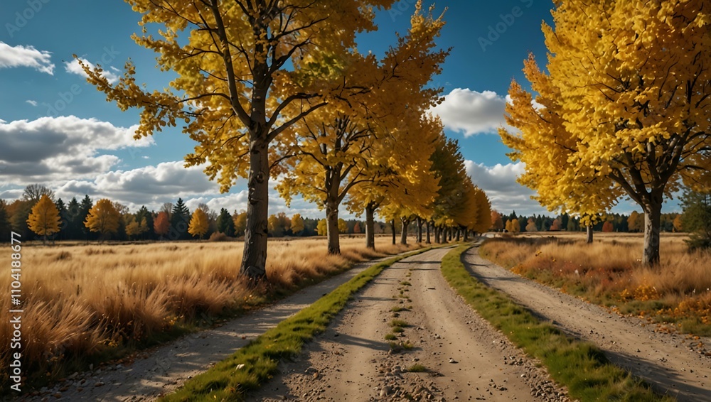 Obraz premium An autumn landscape with a gravel path surrounded by yellow trees, under a bright blue sky and fluffy clouds.