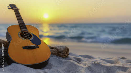 peaceful beach scene at sunset with acoustic guitar resting on sand