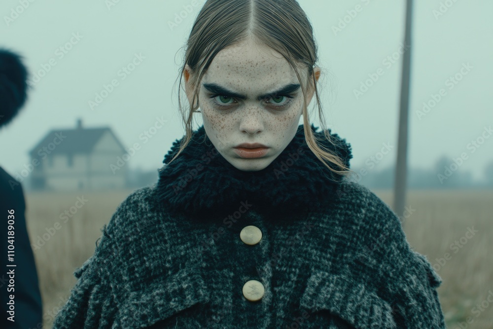 Intense young female in dramatic rural setting with freckles and piercing gaze Intense young female in dramatic rural setting with freckles and piercing gaze