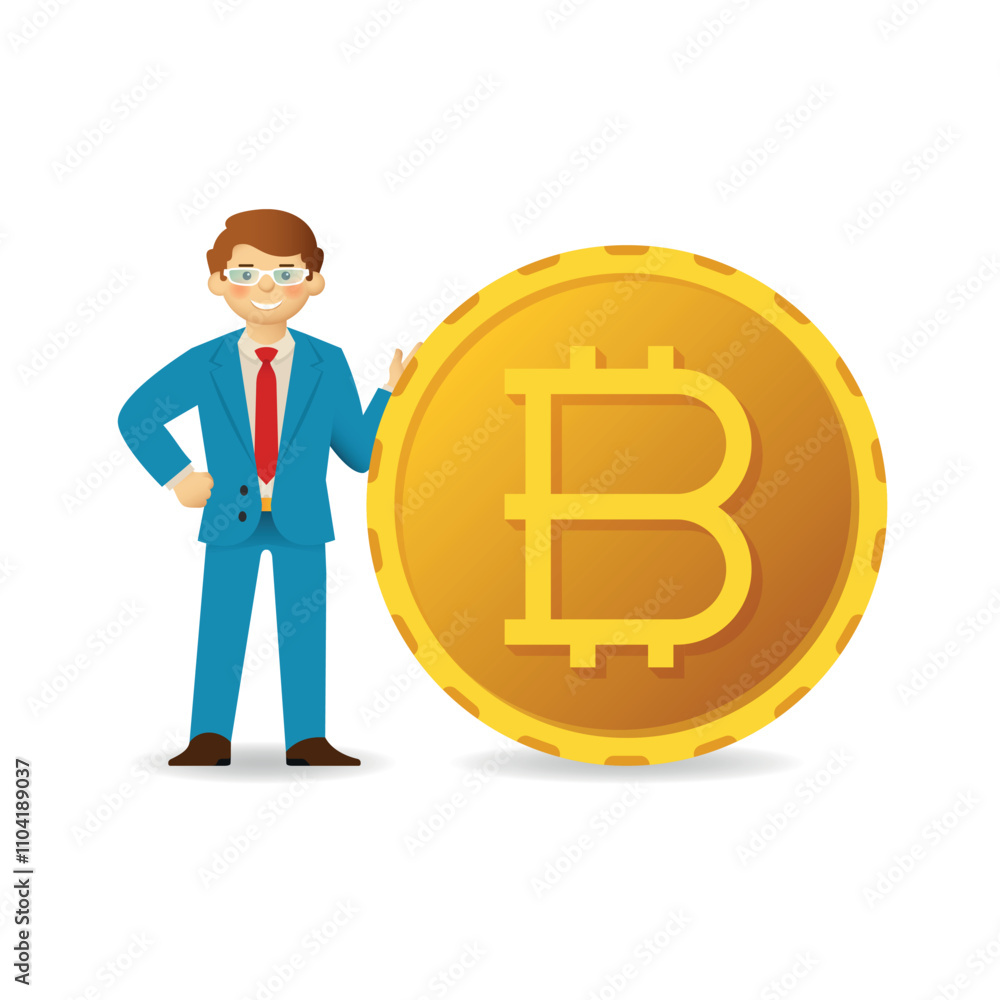 Businessman with big bitcoin coin vector concept flat style Businessman with big bitcoin coin vector concept flat style