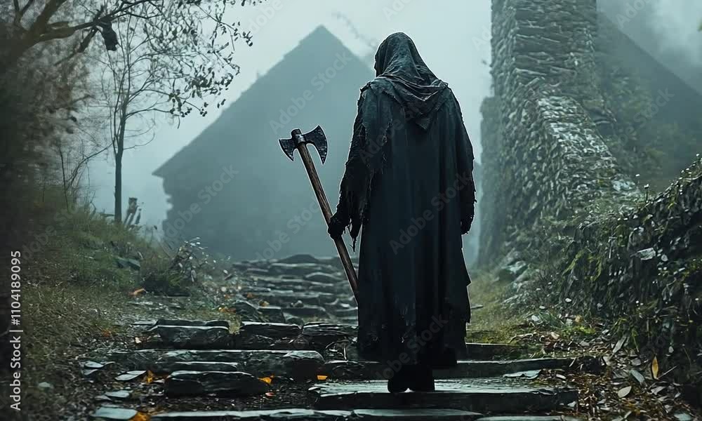 A cloaked figure with an axe ascends a misty, stone path, evoking a mysterious, eerie atmosphere. A cloaked figure with an axe ascends a misty, stone path, evoking a mysterious, eerie atmosphere.
