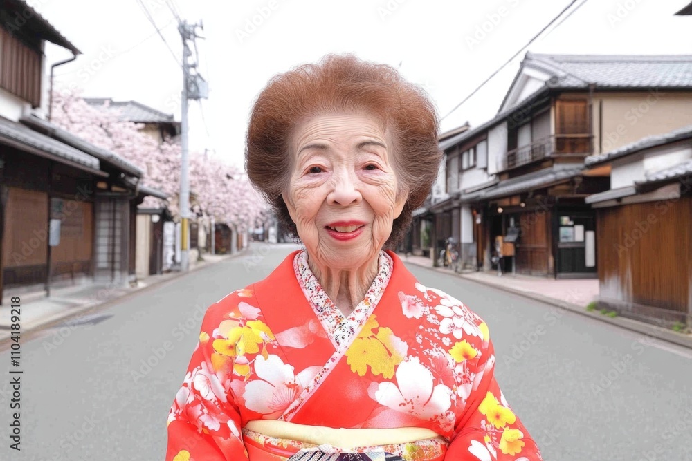 Elderly asian woman in vibrant kimono on traditional street with cherry blossoms Elderly asian woman in vibrant kimono on traditional street with cherry blossoms