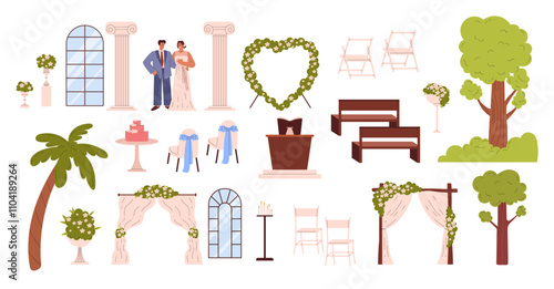 Wedding venue vector set, bride groom, floral arch, bridal cake, flowers, marriage ceremony banquet interior decorations
