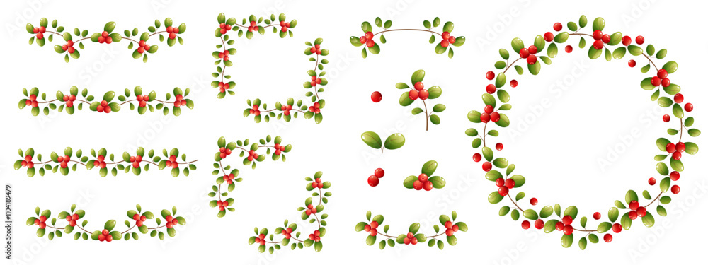 Obraz premium Garland, round wreath, frame design elements made of green leaves and berries. Lingonberry, cranberry, holly. Round frame with red wild berries and leaves. Vector illustration on white background.