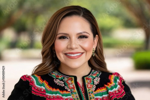 Hispanic female adult smiling outdoors in colorful embroidered blouse