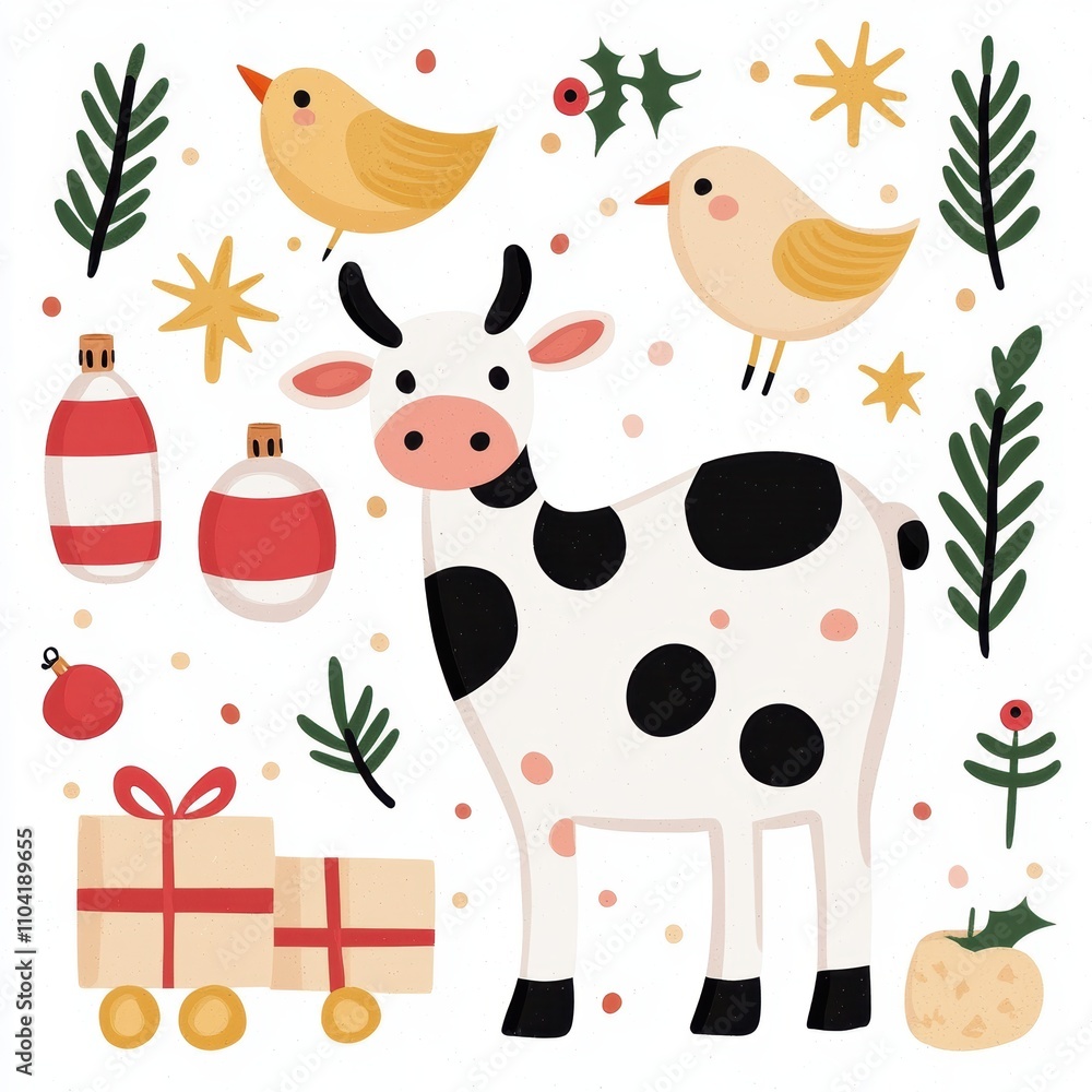 A whimsical illustration of a cow surrounded by festive elements like birds, ornaments, gifts, and foliage, embodying a cheerful holiday spirit. A whimsical illustration of a cow surrounded by festive elements like birds, ornaments, gifts, and foliage, embodying a cheerful holiday spirit.