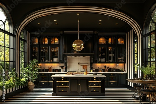 Wallpaper Mural A large, black kitchen with a gold chandelier hanging from the ceiling Torontodigital.ca