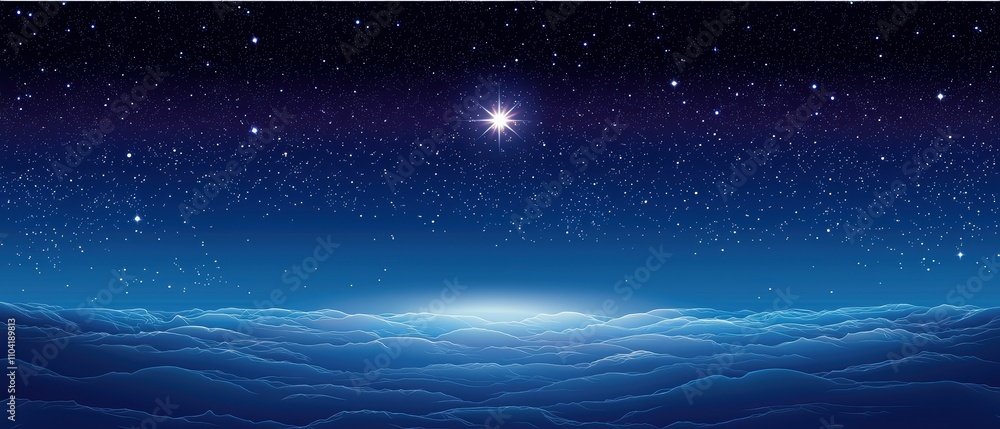 Obraz premium A serene night sky filled with stars above a calm horizon, creating a tranquil atmosphere with deep blue hues.