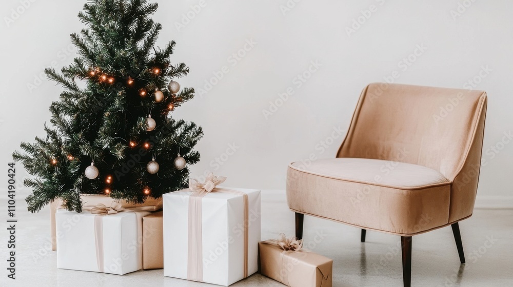 A white chair sits in front of a Christmas tree and presents A white chair sits in front of a Christmas tree and presents