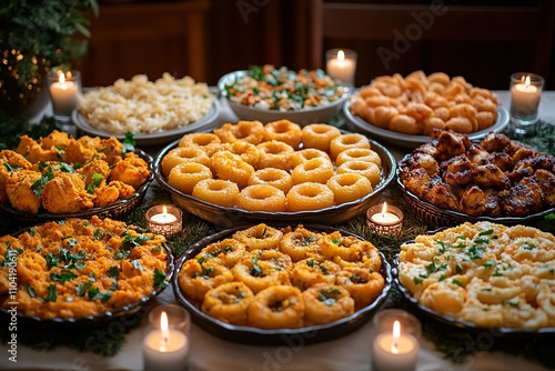 A table is covered with a variety of food