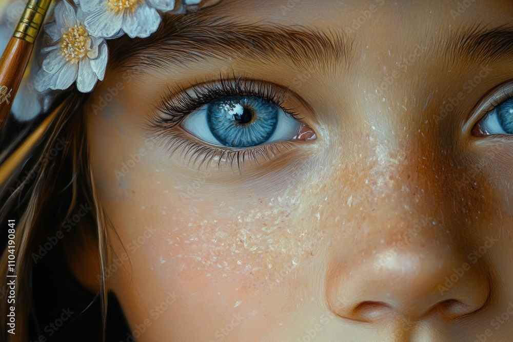 Close-up of a young girl's face with striking blue eyes and a floral headpiece. Close-up of a young girl's face with striking blue eyes and a floral headpiece.