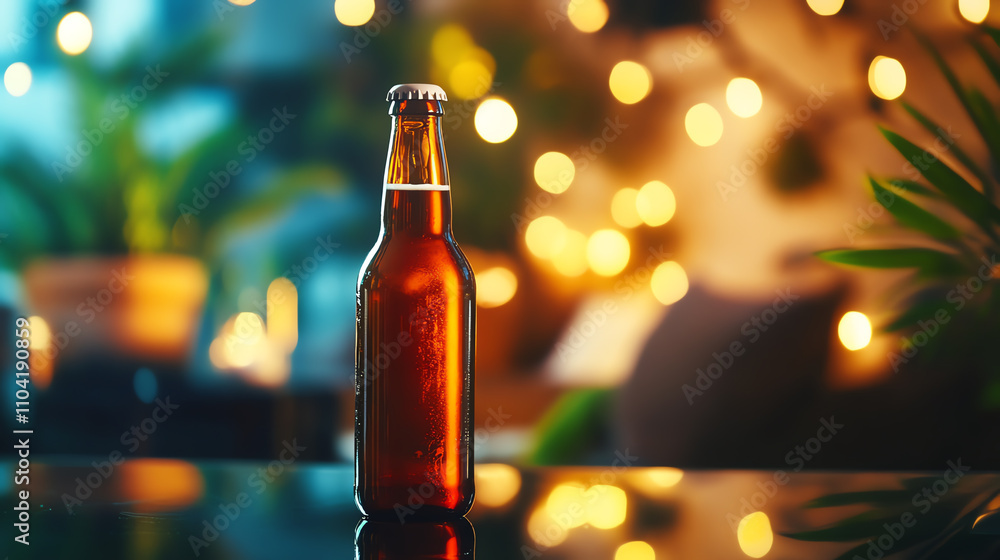 Chilled beer bottle on a reflective glass table with ambient lighting and cozy decor Chilled beer bottle on a reflective glass table with ambient lighting and cozy decor