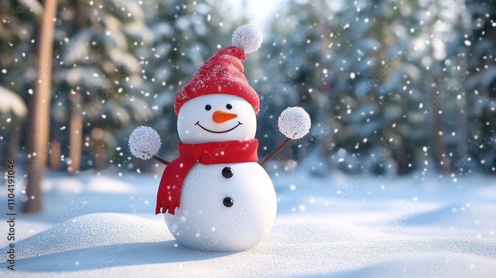 A cheerful snowman wearing a red hat and scarf stands in a snowy forest A cheerful snowman wearing a red hat and scarf stands in a snowy forest