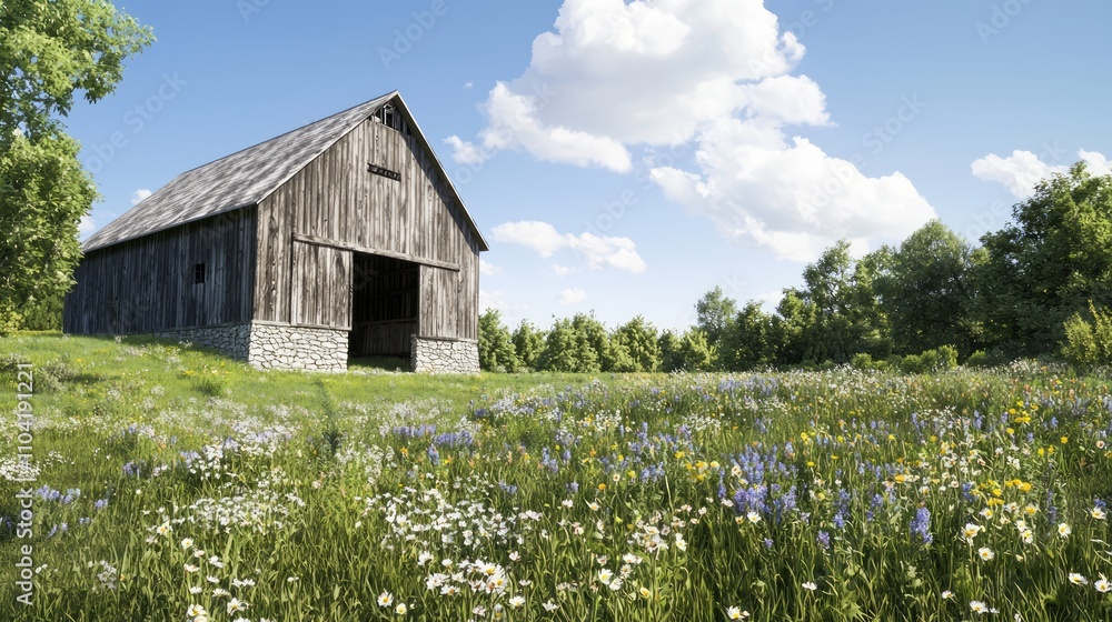 Serene Countryside Scene: Old Barn with Stone Foundation Surrounded by Vibrant Wildflowers under Clear Blue Sky in Ultra-Detailed Photorealistic Style Serene Countryside Scene: Old Barn with Stone Foundation Surrounded by Vibrant Wildflowers under Clear Blue Sky in Ultra-Detailed Photorealistic Style