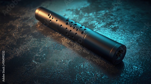 Suppressor, placed on a neutral, dimly lit surface. The silencer is prominently featured, showing intricate design details, with a subtle sheen from the light.
