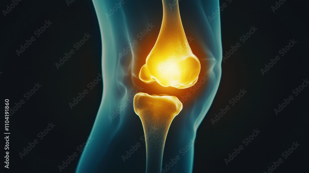 A detailed illustration of a knee joint, highlighting bones and cartilage with a glowing effect, representing anatomy and potential joint issues. A detailed illustration of a knee joint, highlighting bones and cartilage with a glowing effect, representing anatomy and potential joint issues.