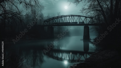 A haunting night scene featuring a silhouetted bridge over a misty river under a full moon. photo