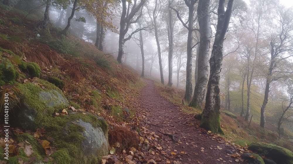 Fototapeta premium A Misty Forest Path Through Autumn Trees. A Tranquil Walk in Nature Surrounded by Fog and Falling Leaves.