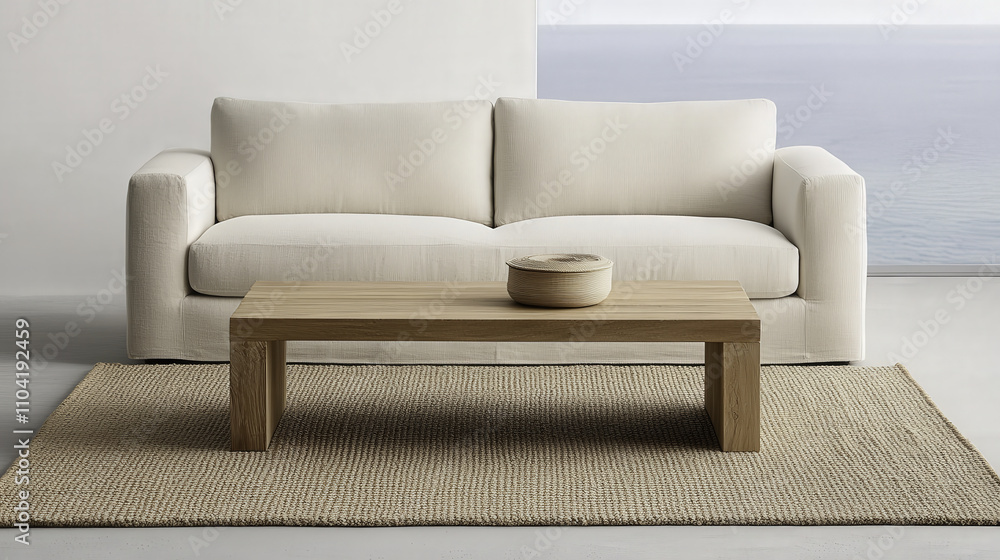 neutral living room with white sofa and wooden coffee table neutral living room with white sofa and wooden coffee table