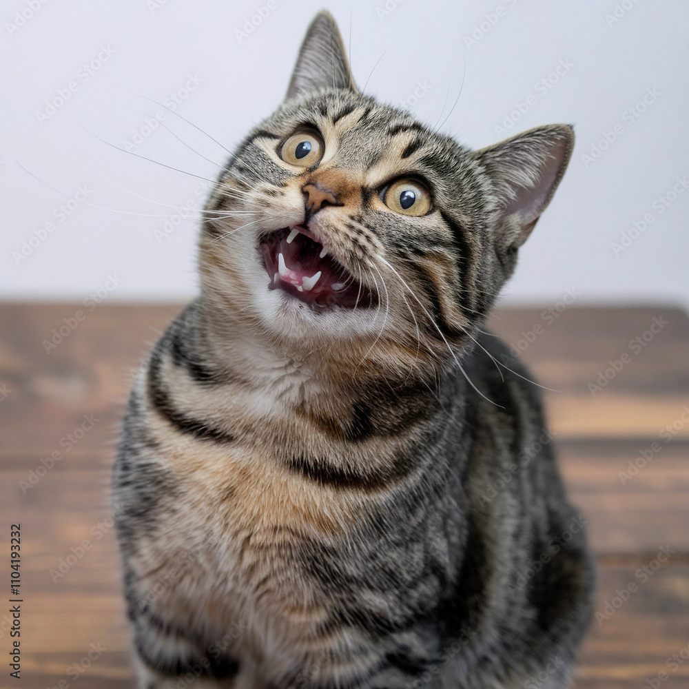Fototapeta premium Tabby Cat with Open Mouth Looking Up