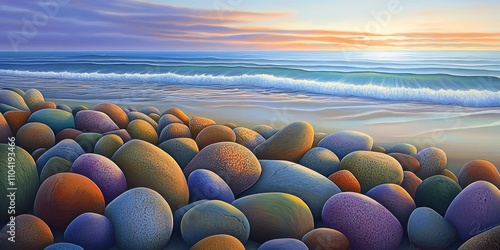 A serene beach scene with colorful pebbles and gentle waves under a sunset sky.
