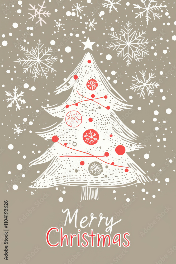 Decorative Christmas Card Design with Tree and Snowflakes. An artistic depiction of a stylized Christmas tree with snowflakes and the text Merry Christmas in bold letters.
Decorative Christmas Card Design with Tree and Snowflakes. An artistic depiction of a stylized Christmas tree with snowflakes and the text Merry Christmas in bold letters.