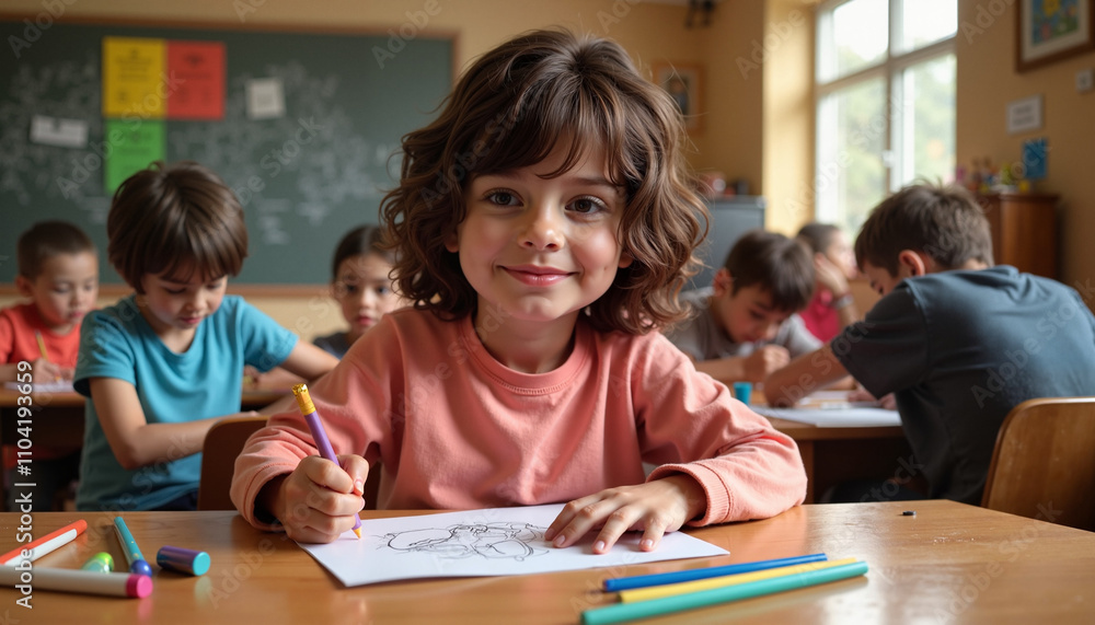 Smiling young boy drawing with colored pencils in classroom filled with engaged children Smiling young boy drawing with colored pencils in classroom filled with engaged children
