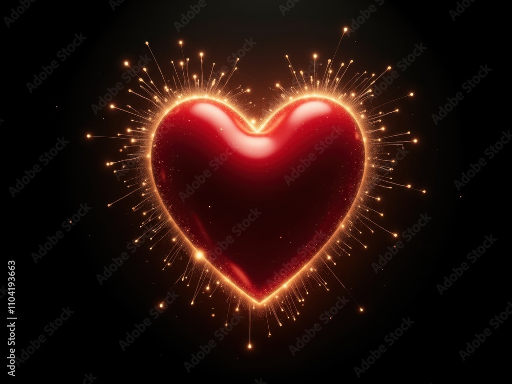 Glowing red heart radiating golden sparkles on dark background Glowing red heart radiating golden sparkles on dark background