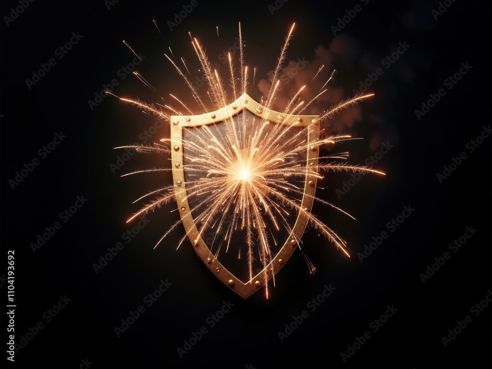 Fototapeta premium Golden shield protecting from fireworks exploding on black background