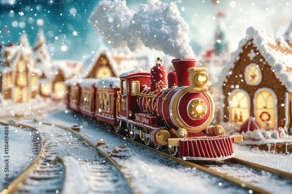 A red toy train with smoke and snow travels through a gingerbread village with lights.