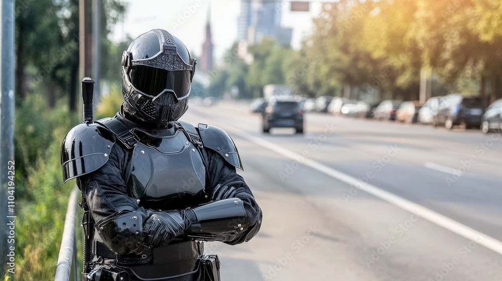 Futuristic armored patrol officer monitoring urban streets cityscape action photography daylight vigilance concept Futuristic armored patrol officer monitoring urban streets cityscape action photography daylight vigilance concept