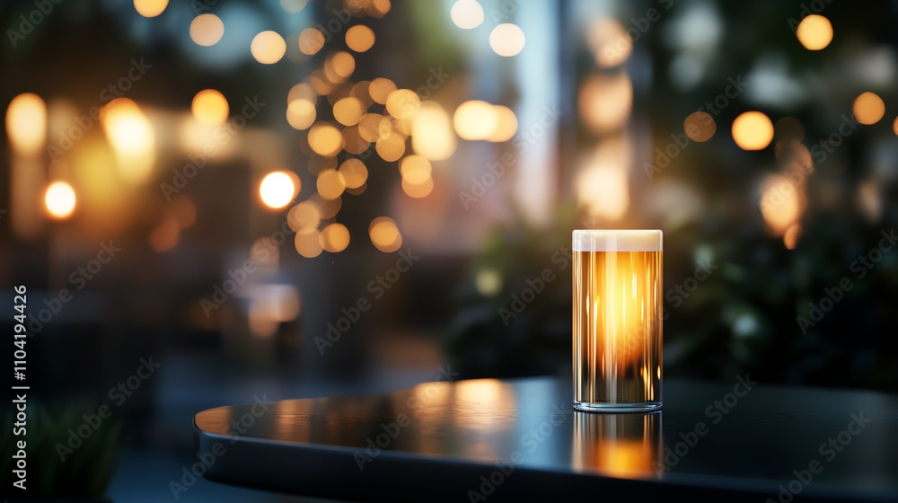 Tall beer glass with glowing golden hues, placed on a contemporary black table in a cozy setting Tall beer glass with glowing golden hues, placed on a contemporary black table in a cozy setting