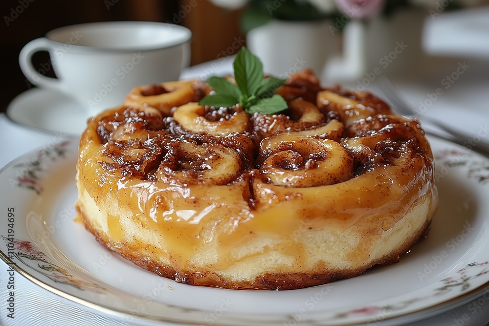 A delicious looking dessert with a green leaf on top A delicious looking dessert with a green leaf on top