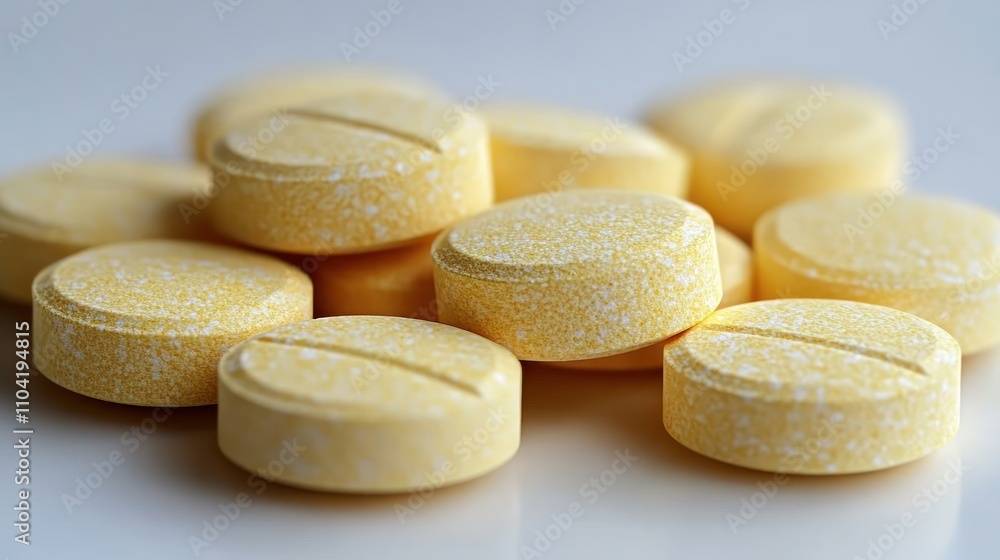 Close-up view of a pile of yellow round pills. Close-up view of a pile of yellow round pills.
