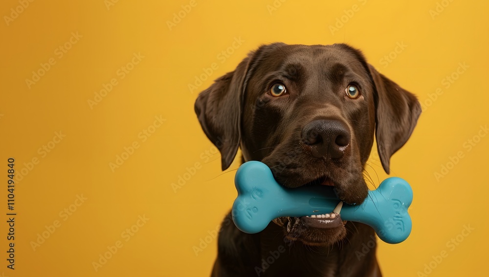 Adorable chocolate Labrador Retriever puppy holds a teal bone toy against a vibrant yellow backdrop. Playful pet portrait. Adorable chocolate Labrador Retriever puppy holds a teal bone toy against a vibrant yellow backdrop. Playful pet portrait.
