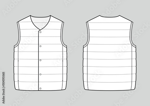 Lightweight collarless down gilet. Padded vest. Technical vector sketch. Mockup template.