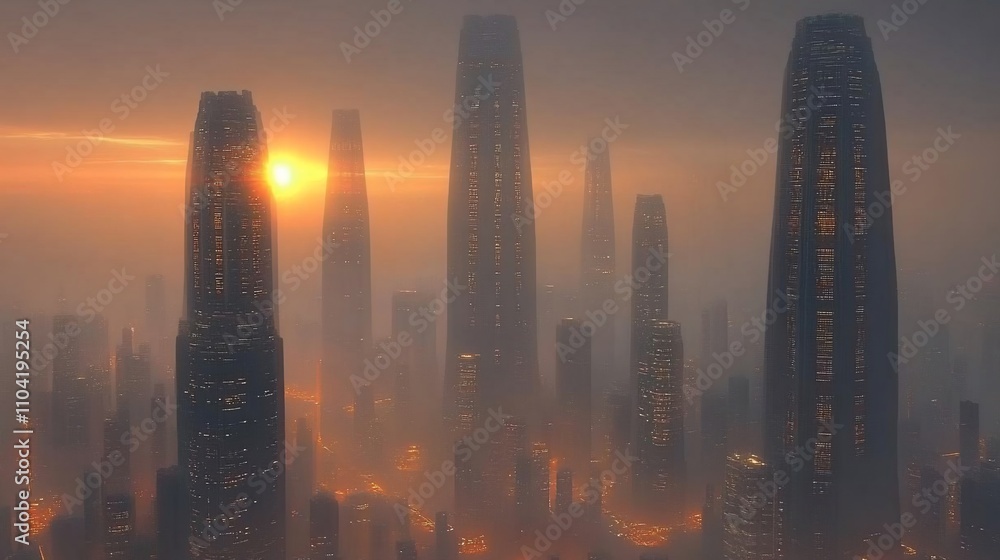 Fototapeta premium A misty skyline with towering skyscrapers at sunset, creating a futuristic atmosphere.