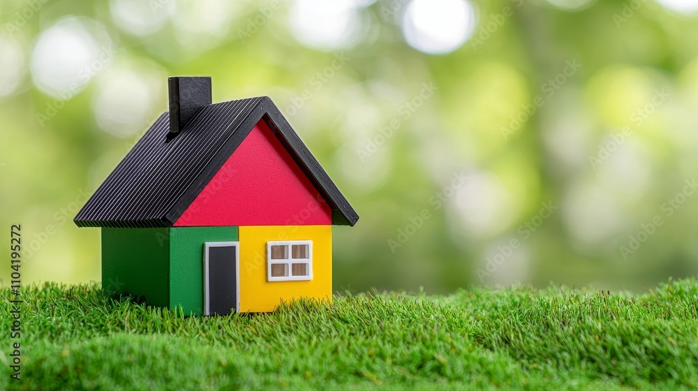 Symbolizing sustainability and energy efficiency, an eco-friendly house model stands among greenery. Symbolizing sustainability and energy efficiency, an eco-friendly house model stands among greenery.