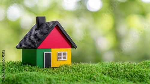 Wallpaper Mural Symbolizing sustainability and energy efficiency, an eco-friendly house model stands among greenery. Torontodigital.ca