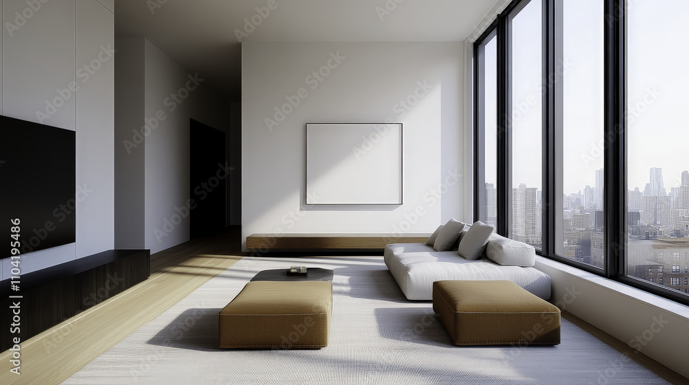 minimalist loft style living room with large windows and city views minimalist loft style living room with large windows and city views