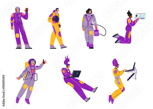 Illustration of a set of female astronauts in protective suits in different poses and actions.