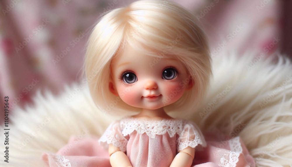 Fototapeta premium Cute Blonde Doll Sitting on a Soft Pillow