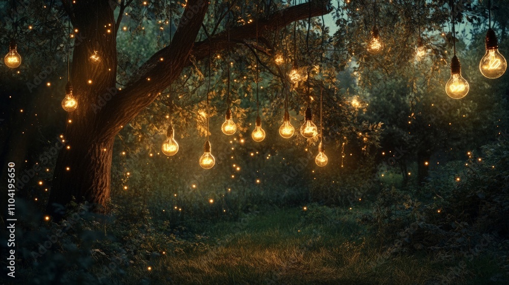 Magical Forest with Glowing Lights Hanging from Trees at Night Magical Forest with Glowing Lights Hanging from Trees at Night